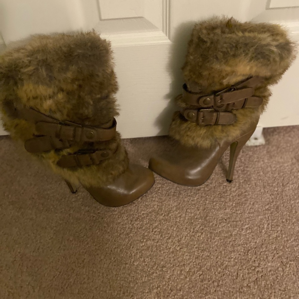 Brown Fur-Trimmed High Heel Boots